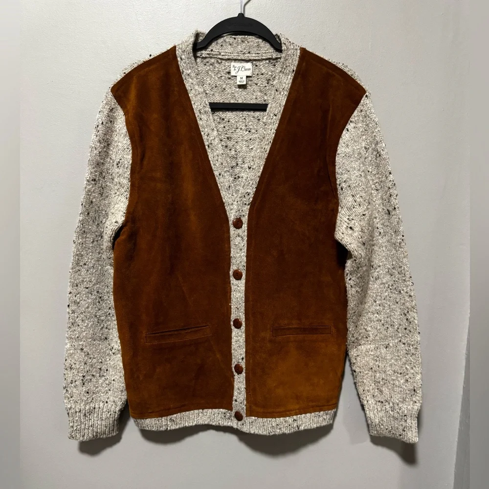 J.Crew Suede Front Cardigan Sweater Mens Medium Knit Button Brown FA22 - Picture 1 of 7